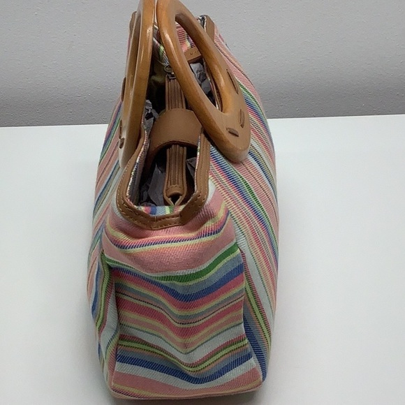 Fossil striped clothe handbag with wood handles Preowned - Picture 6 of 9